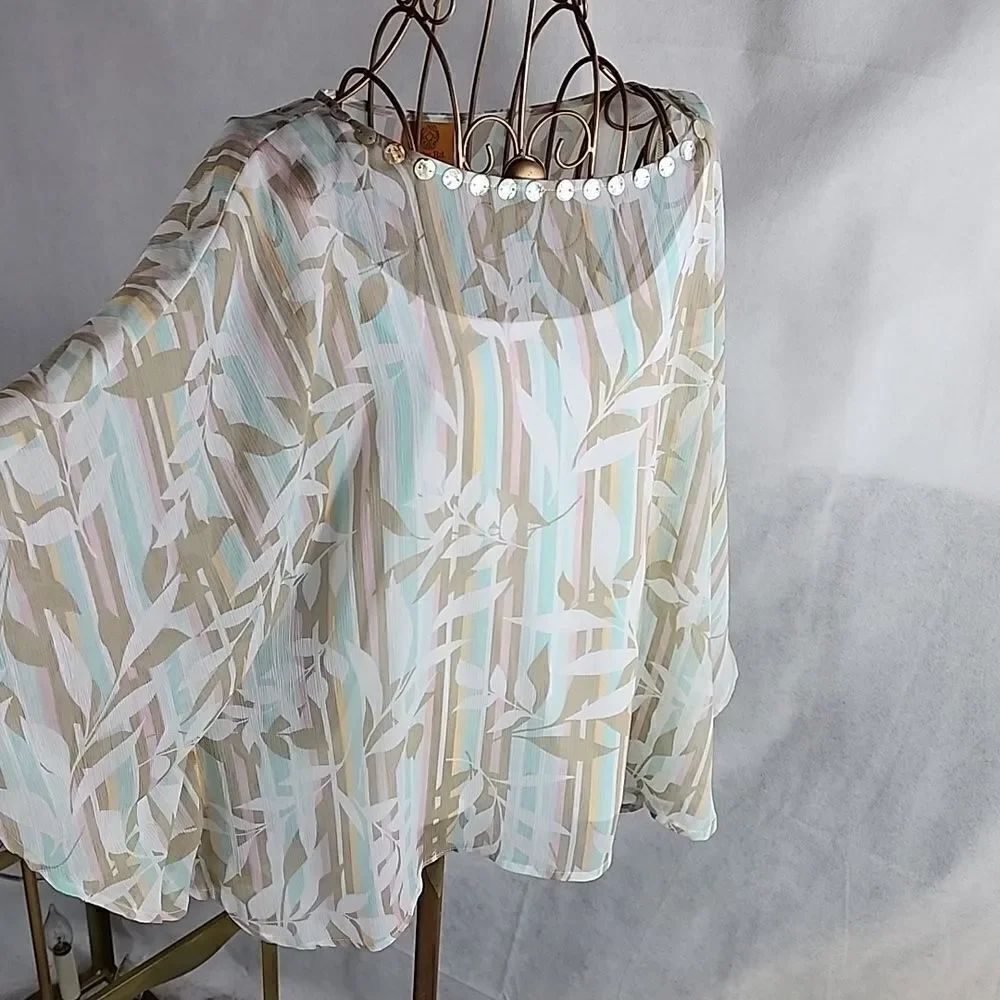 Mother of Pearl Bead Embellished Sheer Batwing Sleeve Chiffon Top